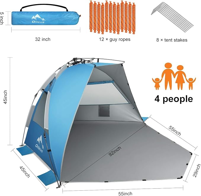 Oileus X-Large 4 Person Beach Tent Sun Shelter - Portable Sun Shade Instant Tent for Beach with Carrying Bag, Stakes, 6 Sand Pockets, Anti UV for Fishing Hiking Camping, Waterproof Windproof, Blue - Image 2