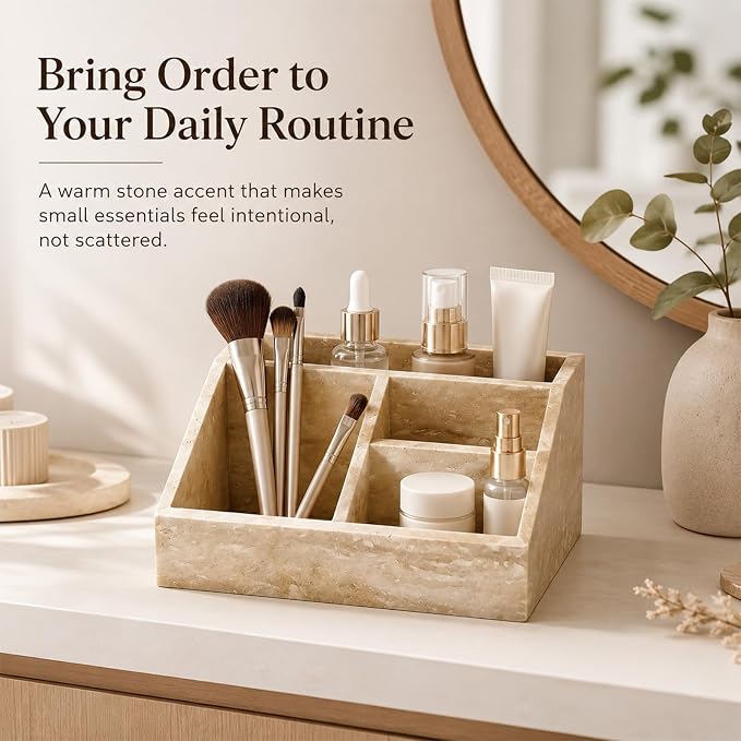 Travertine 4-Compartment Desk Organizer, Beige | Natural travertine with 4 compartments for pens, makeup brushes, skincare bottles, office supplies and vanity items - Image 8