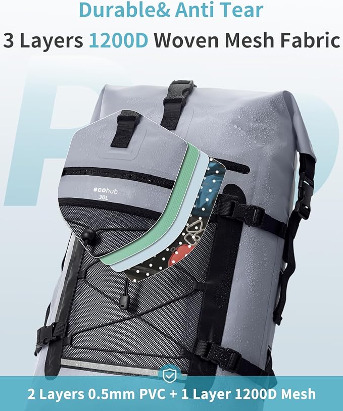 ECOHUB Waterproof Backpack for Women Men, 30L Roll-Top Closure Heavy Duty Dry Bag for Travel with IPX8 Waterproof Phone Case - Image 6