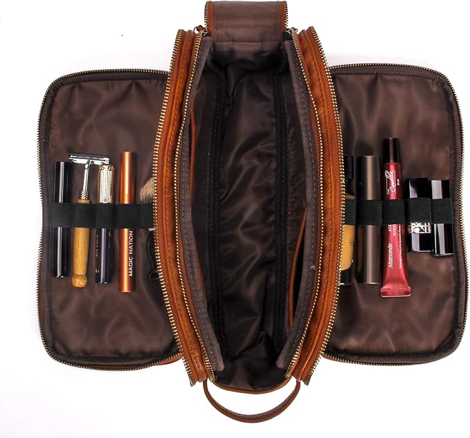 Personalized Leather Kit for Men Travel Toiletry Bag Cosmetic Shaving Bag Brown - Image 2