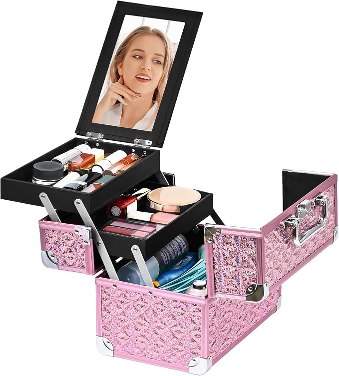 Makeup Case Organizer,Makeup Train Case, Trays Cosmetic Box Portable, Profesional for Salon Barber,Pink - Image 8