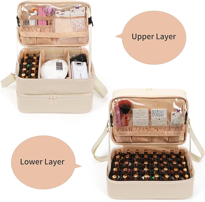 Ethereal Nail Polish Organizer Case, Leather Nail Polish Bag Holds 50+ Bottles (5ml/0.5fl.oz) and Nail Lamp, Nail Storage Organizer with Compartment, Leather White - Image 2