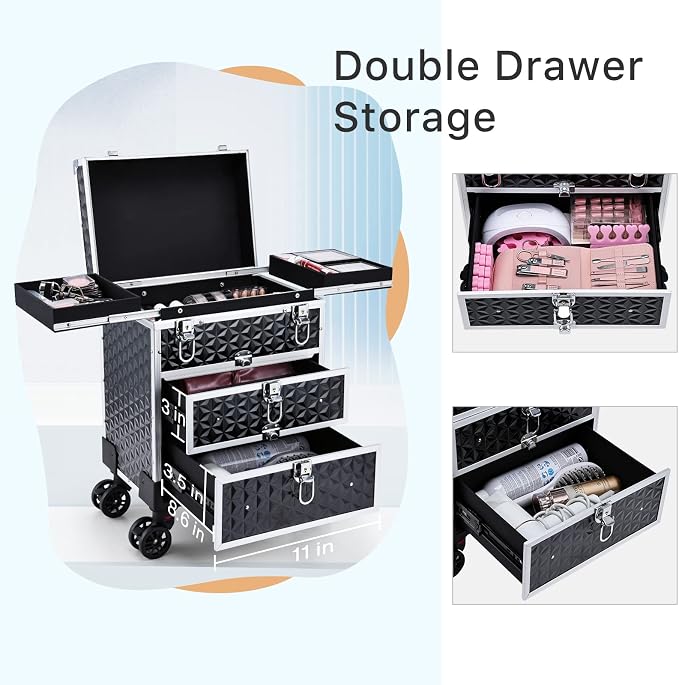 FRENESSA Professional Rolling Makeup Case Aluminum Trolley Train Case with 360° Swivel Wheels for Makuep Artist Travel Cosmetic Organizer with Sliding Drawers for Nail Tech Hairstylist Barber, Black - Image 4