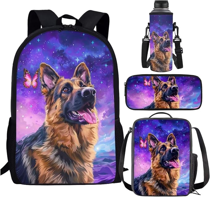 German Shepherd Backpack with Lunch Box Galaxy Bookbags for 1st Grade Girls 4-6/6-8 Butterfly Elementary School Back Pack Lunch Bag Pencil Case Water Bottle Holder 4 in 1 Set Book Bags by SCRAWLGODDreamWardrobe