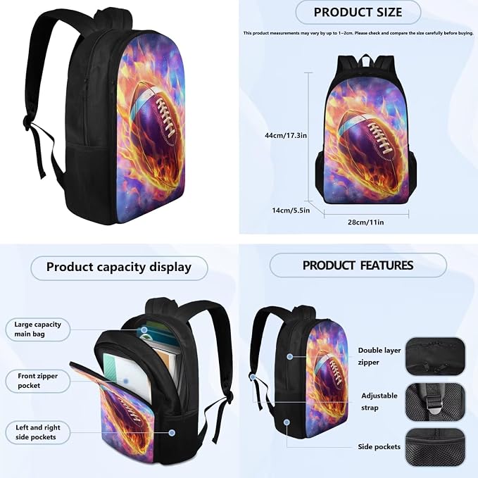 Galaxy Football Backpack for Boys Kids Backpack with Lunch Box Water Bottle Holder with Strap and Soft Pencil Case 4PCS Set Bookbag with Compartments for School 17" Sturdy School Bag for Girls - Image 4