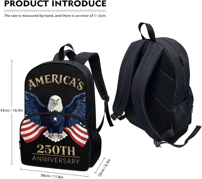 250 Year American Anniversary Backpack Schoolbag Set USA Flag Patriotic Eagle School Bookbag Daypack Shoulder Crossbody Book Bags Lunch Tote Box Water Bottle Pencil Pen Case Bag, Black - Image 2