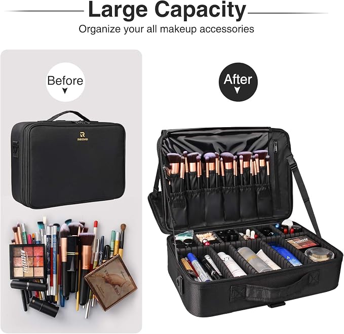 Relavel Makeup Case Large Makeup Bag Professional Train Case 16.5 inches Travel Cosmetic Organizer Brush Holder Waterproof Makeup Artist Storage Box, 3 Layer Large Capacity, with Adjustable Strap - Image 3