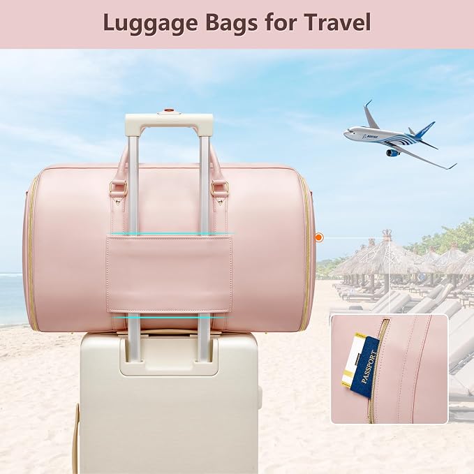 Garment Bags for Travel, Convertible Suit Travel Bag for Women, Fashion & Cute Carry On Garment Bag w/Shoes Pouch, 2 in 1 Foldable PU Leather Hanging Duffle Bag, Single-Zipper Design, Pink - Image 7