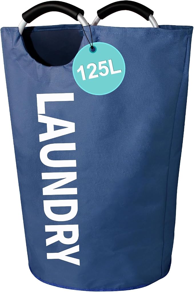 WOOHA 125L Large laundry basket,Collapsible laundry hamper, Tall Clothes Baskets Folding Washing Bin Foldable Fabric Hamper Bags for Bedroom, Closet,Bathroom,College,laundry bag,navy blue by WOOHA