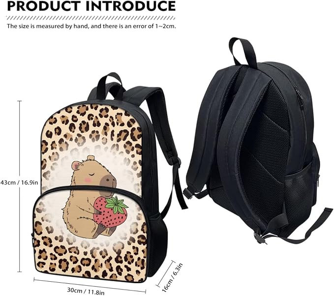 Cartoon Capybara Leopard Strawberry School Backpack Set Travel Bookbag Daypack for Kids Girls Boys Lunch Tote Bag Box Water Bottle Sleeve Pen Pencil Case Bags for Back to School - Image 2