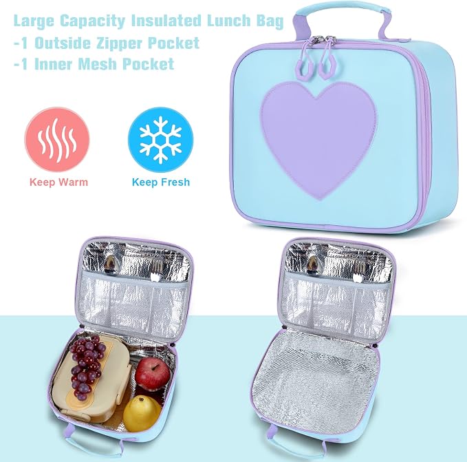 ACESAK Backpack for Girls with Headphones - Girls Backpack with Lunch Box, Pencil Case & Kids Headset - 3.5mm Wired Headphones for School Bookbag Schoolbag Set Back To School Gift (Blue Purple) - Image 6