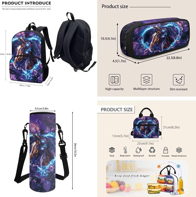 POLERO Floral Horse Backpacks for Girls Aesthetic Bookbags for Elementary Middle Schools 4Pcs Kids School Bag with Lunch Box - Image 3