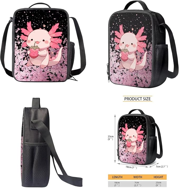 Axolotl School Backpack for Girls 6-8 Years Old with Lunch Bag Elementary Strawberry School Backpack Kids Lunchbox Set 4 Piece Bookbag/Lunch Box/Pencil Case/Water Bottle Holder - Image 5