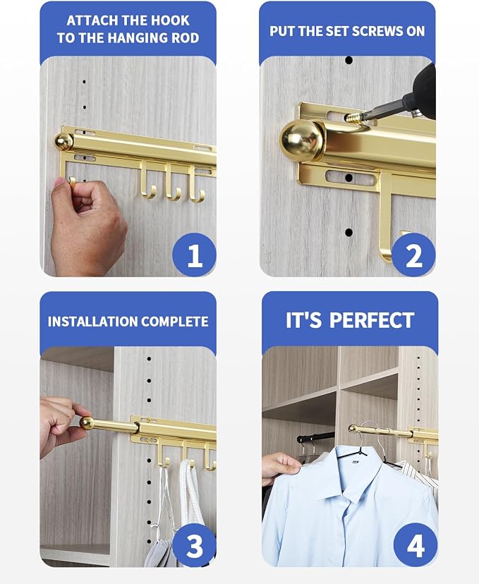 BaiNong Valet Rod for Closets Pull Out 16.5" Gold with 6 Hooks | Closet Valet Rod Slide Out for Closets, Laundry Rooms, RVs Space-Saving - Image 7