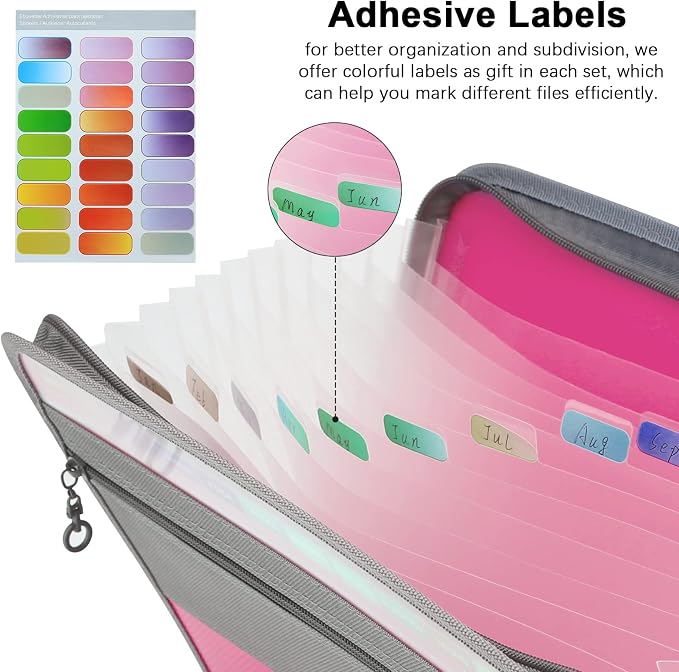 NAFY Expanding File Folder, 13 Pockets Document Organizer with Zipper, A4 Letter Size Portable Accordion Expanding File Folders with 27pcs Multicolor Labels for Home Office School Supplies (Pink) - Image 5