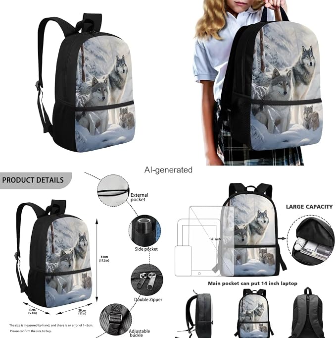 Wolf Backpack for Girls Boys Backpack with Lunch Box Water Bottle Bag and Soft Pencil Case 4PCS Set Bookbag with Front Pocket for School Teens 17 inch Large Capacity School Bag for Kids - Image 3