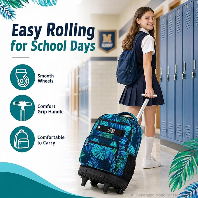 3Pcs Rolling Backpack for Men, 19 Inche Adult Bag with Roller Wheels, Wheeled Bookbag Set for Boys - Green - Image 2