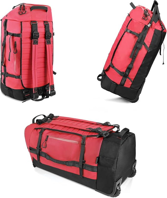 Vomgomfom 86L Foldable Duffle Bag with Wheels - Waterproof Rolling Travel Bag, Collapsible Luggage No Telescopic Handle, for Men Women Camping Sports Weekend Trips，Red by Vomgomfom