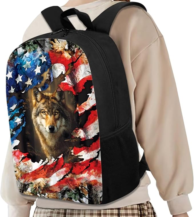 GIFTPUZZ Wolf American Flag Backpack 17 Inch Set Boys | Camo 4-Piece Set, Lunch Box, Water Bottle Sleeve, Back to School Book Bags, Ages 8-10 - Image 3