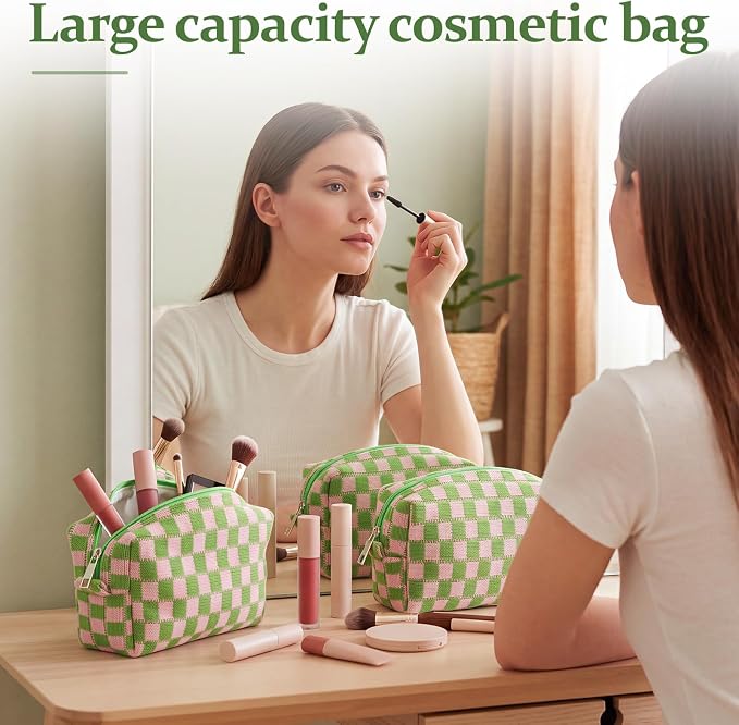 Gilprop 8 Pcs Checkered Makeup Bag for Purse Small Cosmetic Pouch Bulk Portable Zipper Makeup Pouch Travel Toiletry Organizer Gifts for Women Bridesmaid Wedding Party Favors (Pink Green) - Image 5