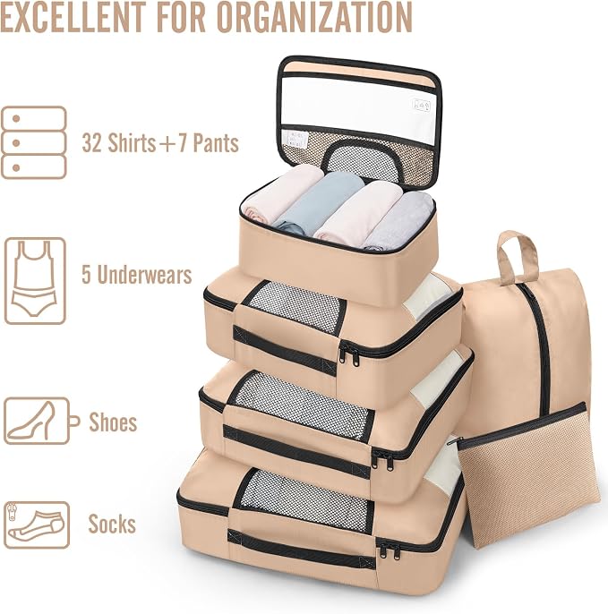 Veken 8 Set Packing Cubes for Travel Essentials,Anti-Wrinkle Buckled Suitcase Organizer for Shoe & Toiletry Bag,Carry On Luggage Bag with 99+ Count Mesh Holes for Airplane & College Dorm Accessories - Image 5