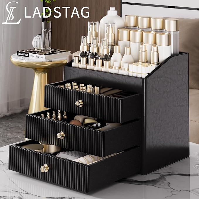 LADSTAG Cosmetic Organizer,Luxury Make up Organizer with 3 shelf Drawers,Black Large Capacity Makeup Organizers for Skincare,Brushes, Dresser,Bedroom,Bathroom,Birthday Gifts for Mom - Image 2