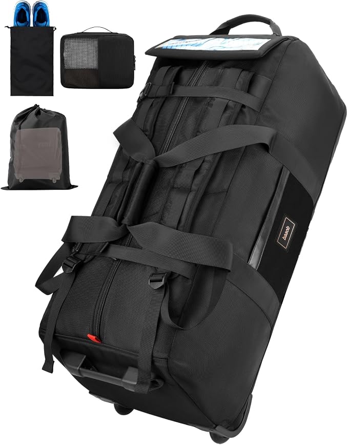 90L Rolling Duffel Bag with Wheels, 4-way Carry Foldable Large Travel Duffle with Backpack Straps & Shoe Compartment, Heavy Duty Luggage for Weekend, Camping, Moving, Includes 3 Organizers by baaob