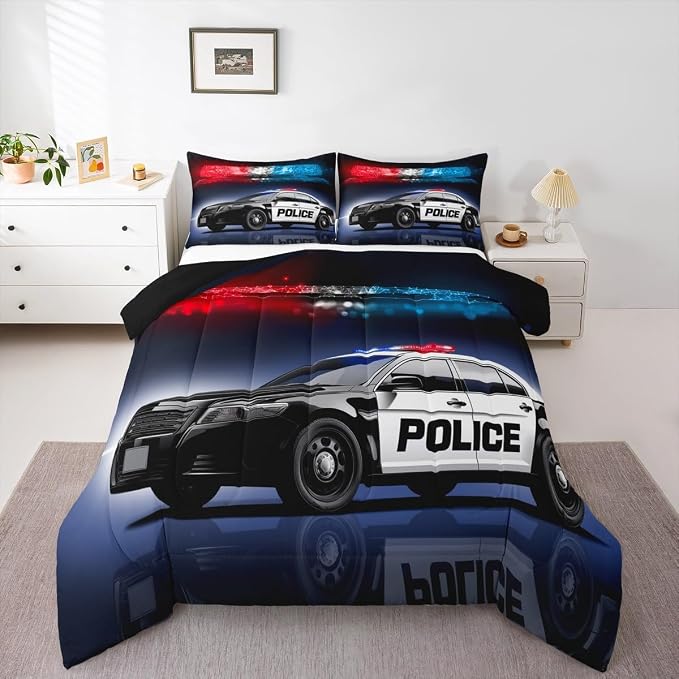 Erosebridal Police Car Comforter Sets King Size,Policeman Vehicle Bedding Set for Kids Boys Children,Red Blue Cop Lights Down Comforter Geometric Graphics Duvet Sets Bedroom Decor with 2 Pillow Cases by Erosebridal