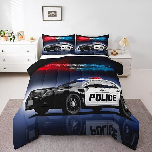 Erosebridal Police Car Comforter Sets King Size,Policeman Vehicle Bedding Set for Kids Boys Children,Red Blue Cop Lights Down Comforter Geometric Graphics Duvet Sets Bedroom Decor with 2 Pillow Cases by Erosebridal