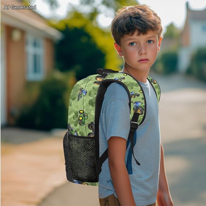 Green Buggy Backpack for Boys Kids Backpack with Lunch Box and Aesthetic Pencil Case 4 in 1 Set Bookbag for Elementary Kindergarten 17 inch Large Capacity School Bag with Compartments - Image 3