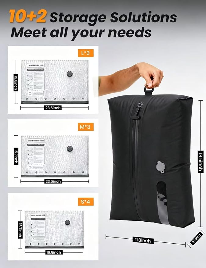 12 Pack Travel Vacuum Bags with Rechargeable Pump, 10 Clear PA and PE Compression Bags and 2 Black 18L TPU Pouches, Vacuum Seal Bags for Clothes, Luggage, Suitcase and Closet Storage - Image 2