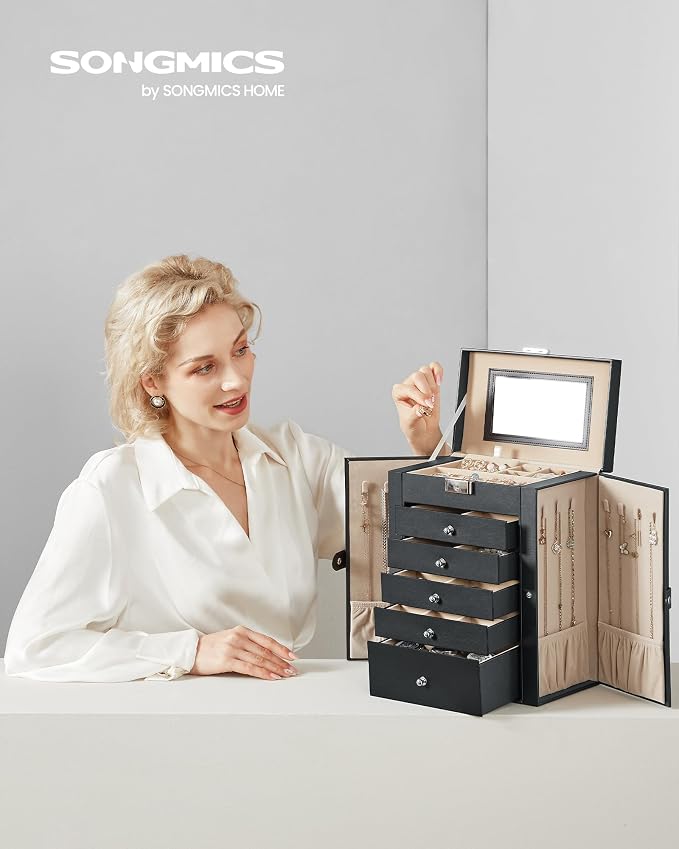 SONGMICS Jewelry Box Organizer, 6-Layer with 5 Drawers, Black | Jewelry Storage Case with Lock and Mirror, Large Storage Capacity, for Necklaces, Watches, Gift for Loved Ones UJBC152B01 - Image 2