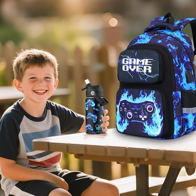 Bevalsa Kids Backpack for Boys with 14oz Insulated Bottle, Gamer Backpack School Bags for Kids & BPA-FREE Stainless Steel Metal Bottle with Straw Lid for Elementary Middle School Student (Blue Flame) - Image 7