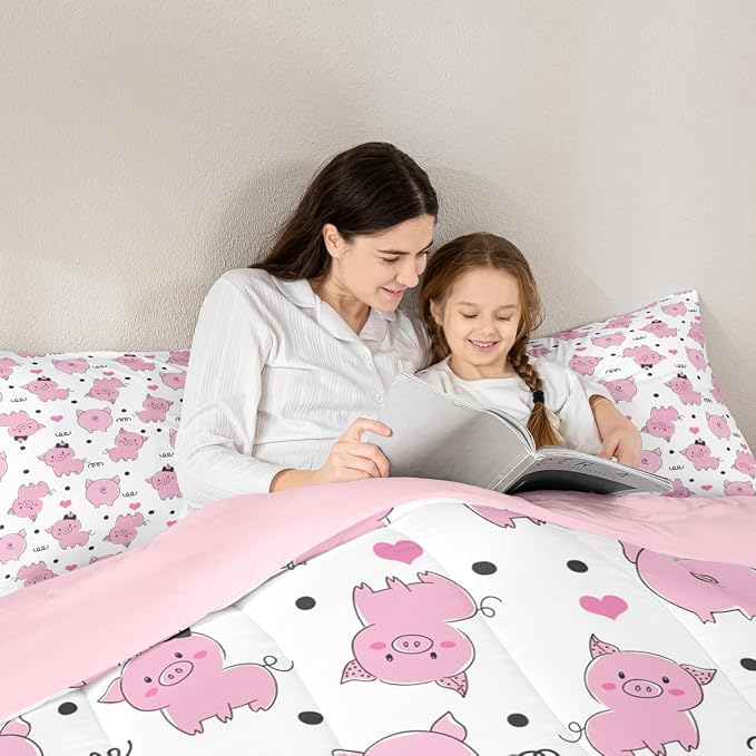 Erosebridal Pink Pig Comforter Set for Girls Kawaii Room Decor Twin,Cute Pigs Bedding Set for Kids Boys Children Farm Animal Quilted Duvet Sets Cartoom Style Soft Lightweight Down Comforter 2 Pcs - Image 4