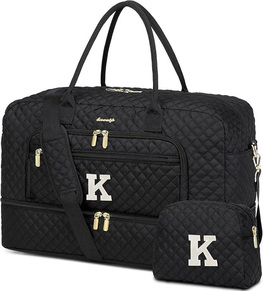Initial Travel Duffle Bag for Women - Black Personalized Weekender bags Overnight Bag with Shoe Compartment & Wet Pocket Weekend Tote Bags with Toiletry Bag Monogram Christmas Gift (Letter K) by LUOCIP