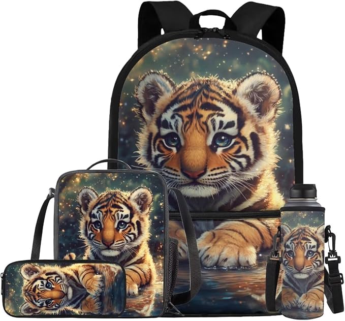 Cute Tiger Backpack for Girls Boys Backpack with Lunch Box Water Bottle Holder with Strap and Soft Pencil Case 4PCS Set Bookbag with Front Pocket 17" Lightweight Elementary School Bag for Kids by ELEDIZI