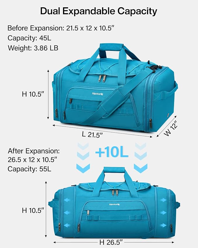 Hanke Duffle Bag for Travel, Dual Expandable 45L-55L Carry On Duffel, 3 In 1 Weekender Tote, Water Resistant Overnight Bag with 15.6" Compartment for Men Women, Caribbean Blue - Image 2