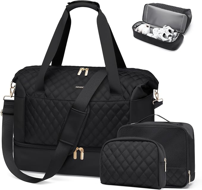 MDODO Travel Duffel Bag for Women Weekender Overnight Carry on Tote with Shoe Compartment Wet Pocket for Business Trips Travel Sports Gym Yoga Hospital, 3 Pcs Set, 43L, Black, Water-Resistant Nylon by Mdodo
