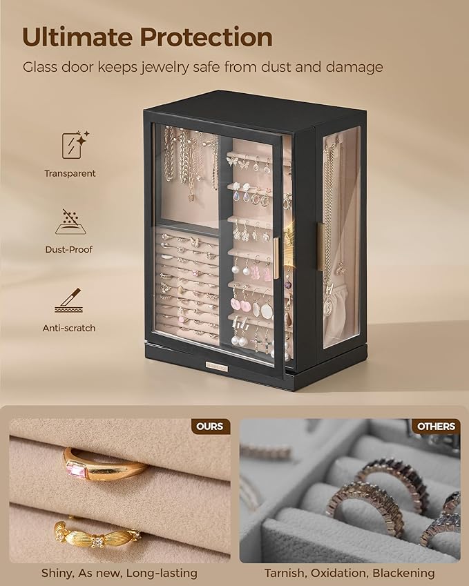 Glimmloop 360° Rotating Jewelry Box with 9 Drawers, Spacious Vertical Jewelry Organizer with Glass Window, Jewelry Storage Case, Dustproof & Moisture-resistant Design, Black - Image 3