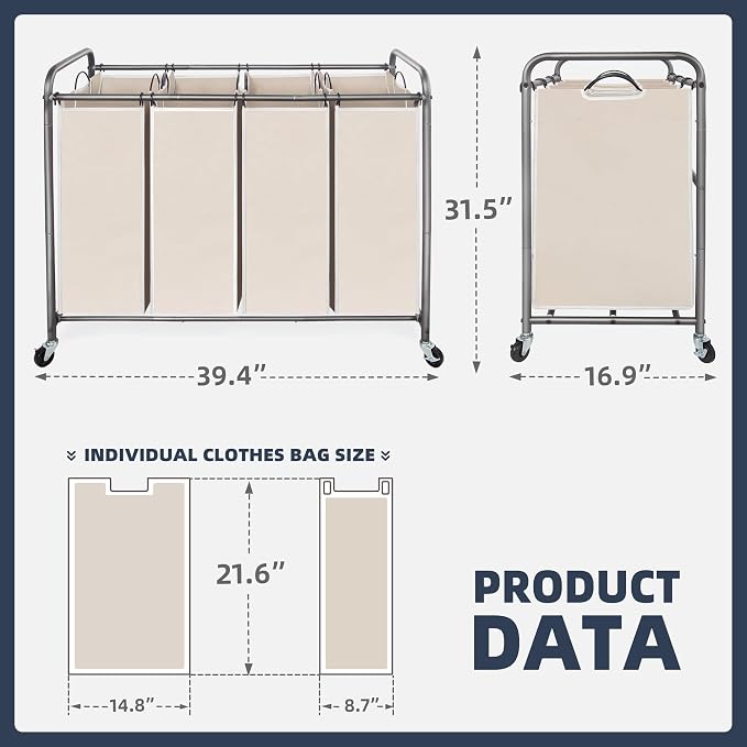 STO STO Laundry Sorter 4 Section, 4 Bag Clothes Hamper, Rolling Laundry Cart Basket with Heavy Duty Lockable Wheels and Removable Bag for Laundry Room, Bedroom, Closet, Beige - Image 6