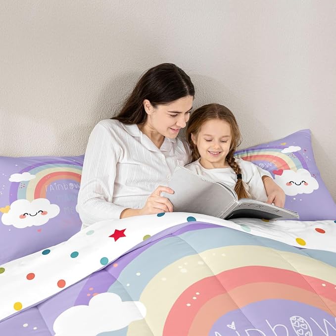 Erosebridal Rainbow Comforter Set for Kids, Cartoon Cloud Down Comforter Twin Size Kawaii Rainbow Bedding Set for Girls Boys Teens Women, Cute Love Heart Duvet Sets for Bedroom Decor, Purple - Image 4