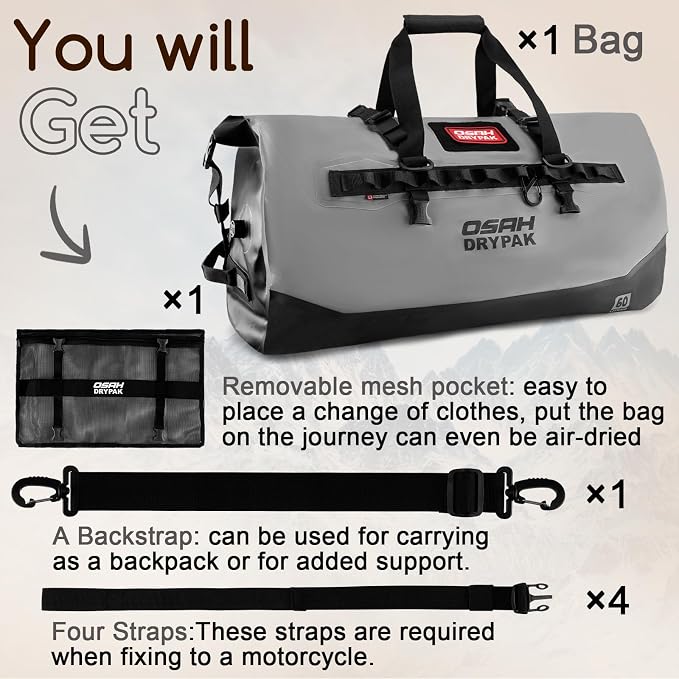 OSAH DRYPAK Waterproof Duffel Bag 25L/40L/60L – Heavy-Duty Motorcycle Tail Bag, Roll-Top Dry Bag for Travel, Camping, Boating, Kayaking, Outdoor Adventure - Image 8