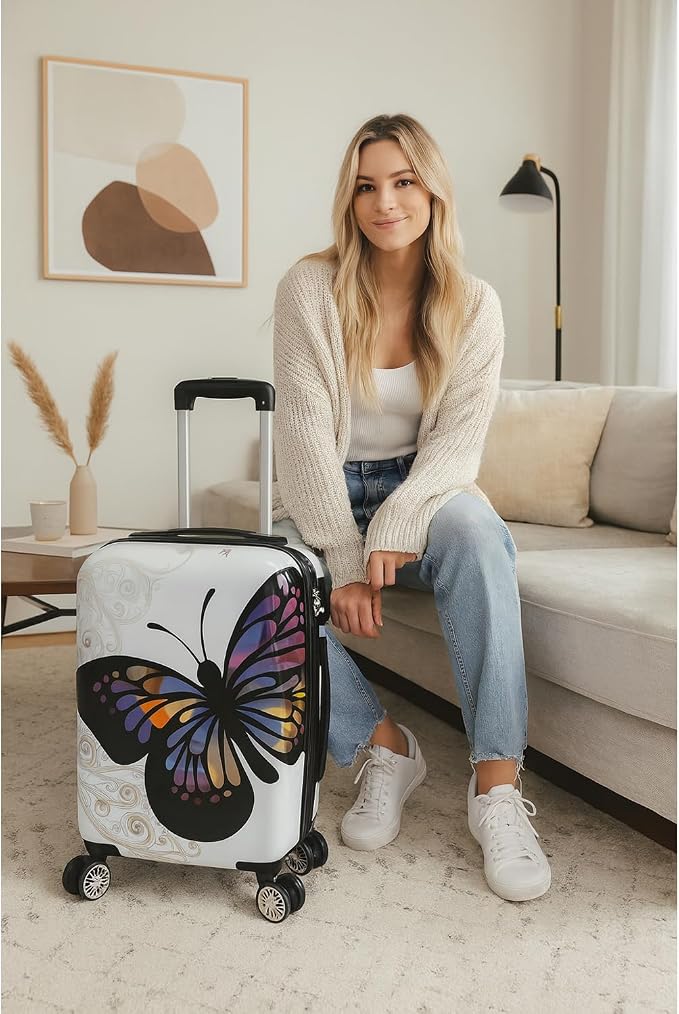 World Traveler Butterfly 20-Inch Carry-On Polycarbonage Hardside Expandable Spinner Luggage with Enhanced Wheel System - Image 4
