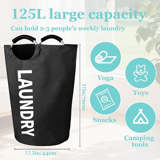WOOHA 125L Large laundry basket,Collapsible laundry hamper, Tall Clothes Baskets Folding Washing Bin Foldable Fabric Hamper Bags for Bedroom, Closet,Bathroom,College,laundry bag,Black - Image 2