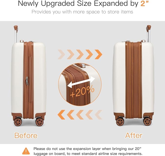 Kono Small 20 Inch Expandable Carry On Luggage with Quiet Spinner Wheels & TSA Lock, Scratch and Drop Resistant PC+ABS Hardside 22x14x9 Airline Approved Suitcase, Cream White & Brown - Image 5