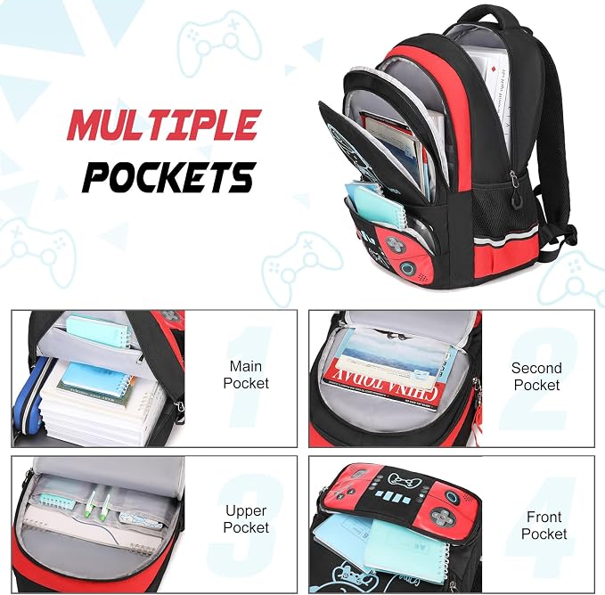 Bevalsa Backpack for School Boys, Cool Luminous Gamer Boys Schoolbag with Sling Bag,Lunch Box & Pencil Case for Kids Children Teens Elementary Middle School(Red Backpack with Shoulder Bag) - Image 4