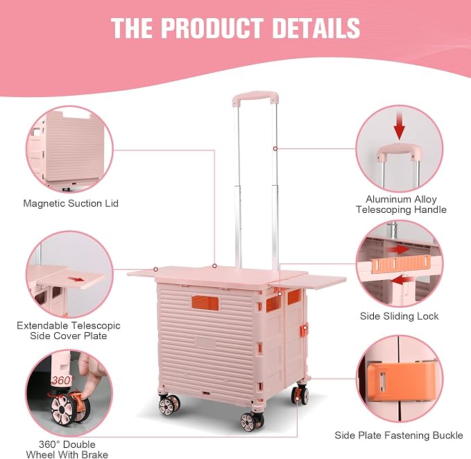 FELICON SELORSS Folding Utility Cart Portable Rolling Crate Handcart-Pink | Magnetic Sliding Lid,Telescoping Handle,Plastic Box Dolly,360°Swivel Wheels for Travel Shop Move Laundry Office Teacher Use - Image 3