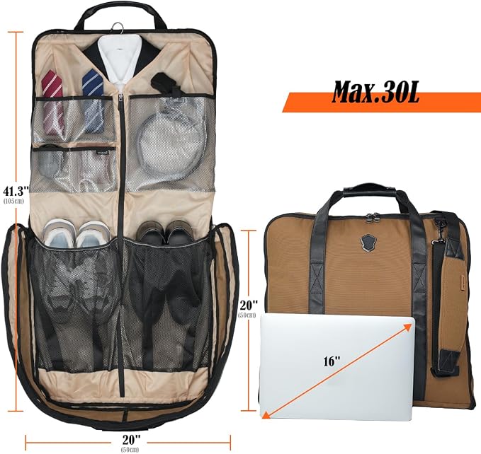 WELKINLAND 2-Suit Carry On Garment Bag for Travel, 30-L Suits Holder Travel Bag, 8-Pocket Garment Bag for Men, Wrinkle-Free Travel Garment Bags for Suits, Durable Suit Carrier Garment Travel Bag - Image 5