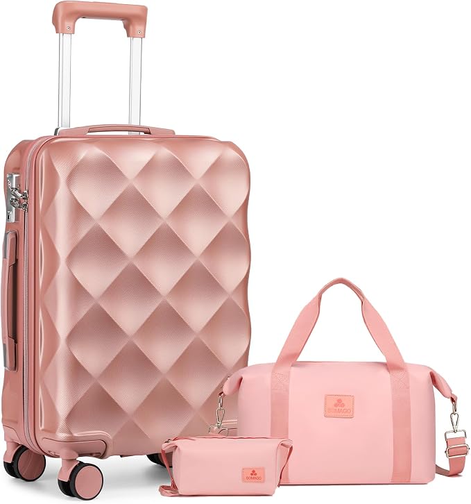 Somago Luggage Sets 20in Carry on Suitcase with TSA Lock YKK Zipper Spinner Wheels ABS Hardside Luggage 3 Piece Weekender Bags Travel Set,Rose Gold by SOMAGO