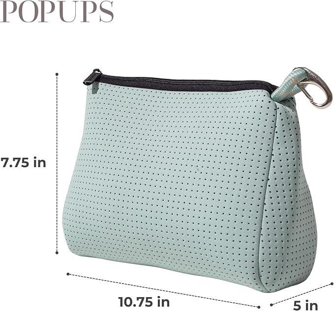 POPUPS Large Makeup Bag with Zipper - Waterproof Neoprene Cosmetic Bag 7.7 x 10.75 x 5 inches - Pouch Minty Green - Image 3